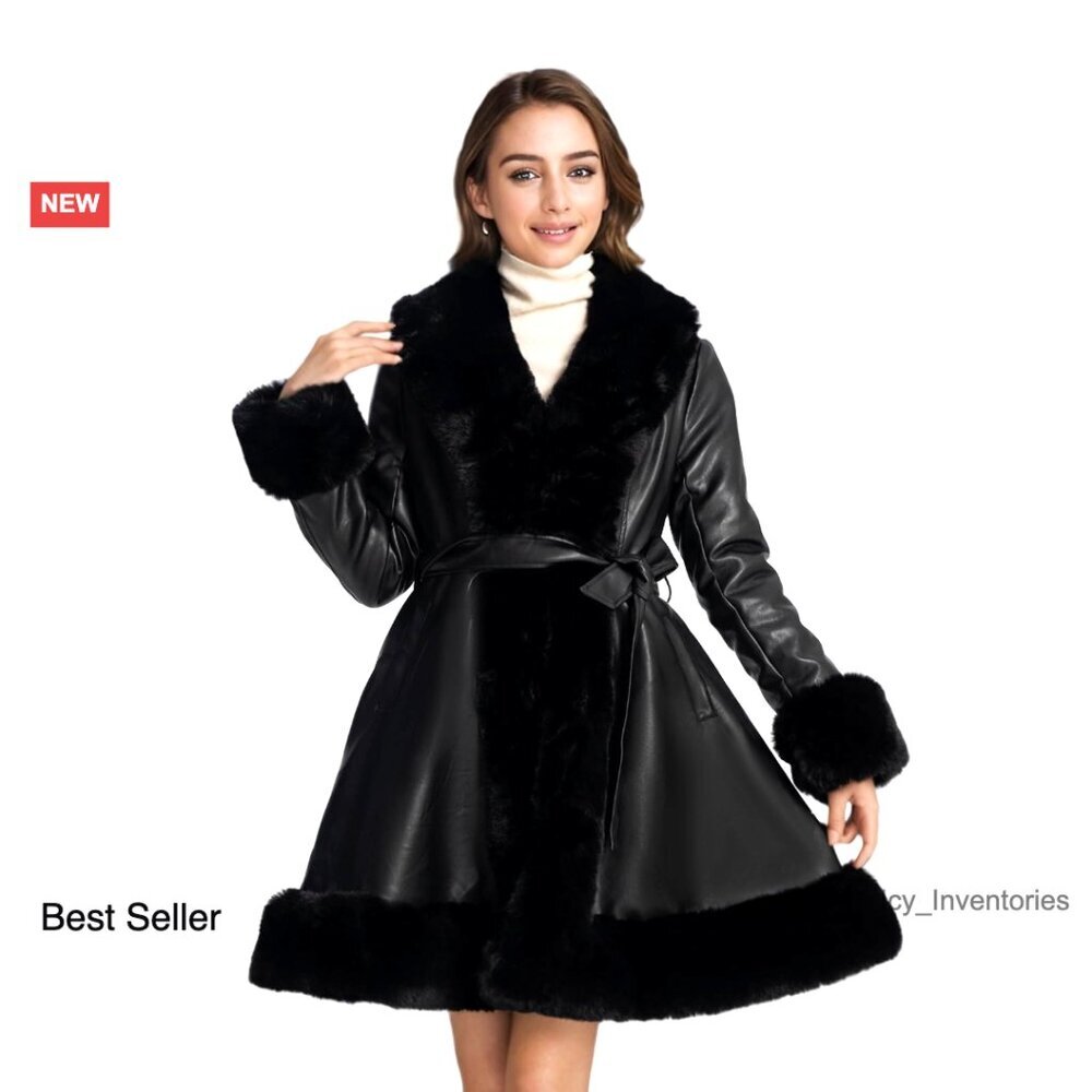 Faux Fur Leather Jacket Women's Coat Winter Chic Elegant Oversized Outerwear